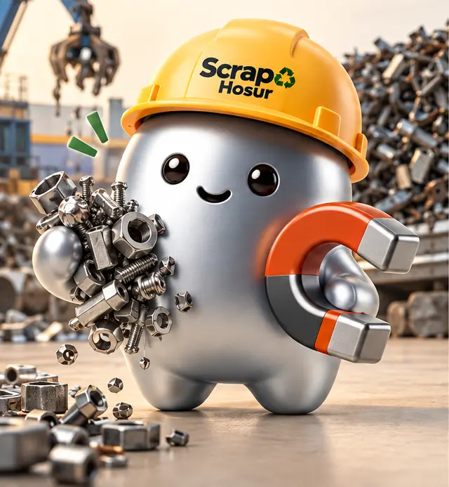 Scrappy, the official Scrapo Hosur mascot, with a magnet and metal scrap